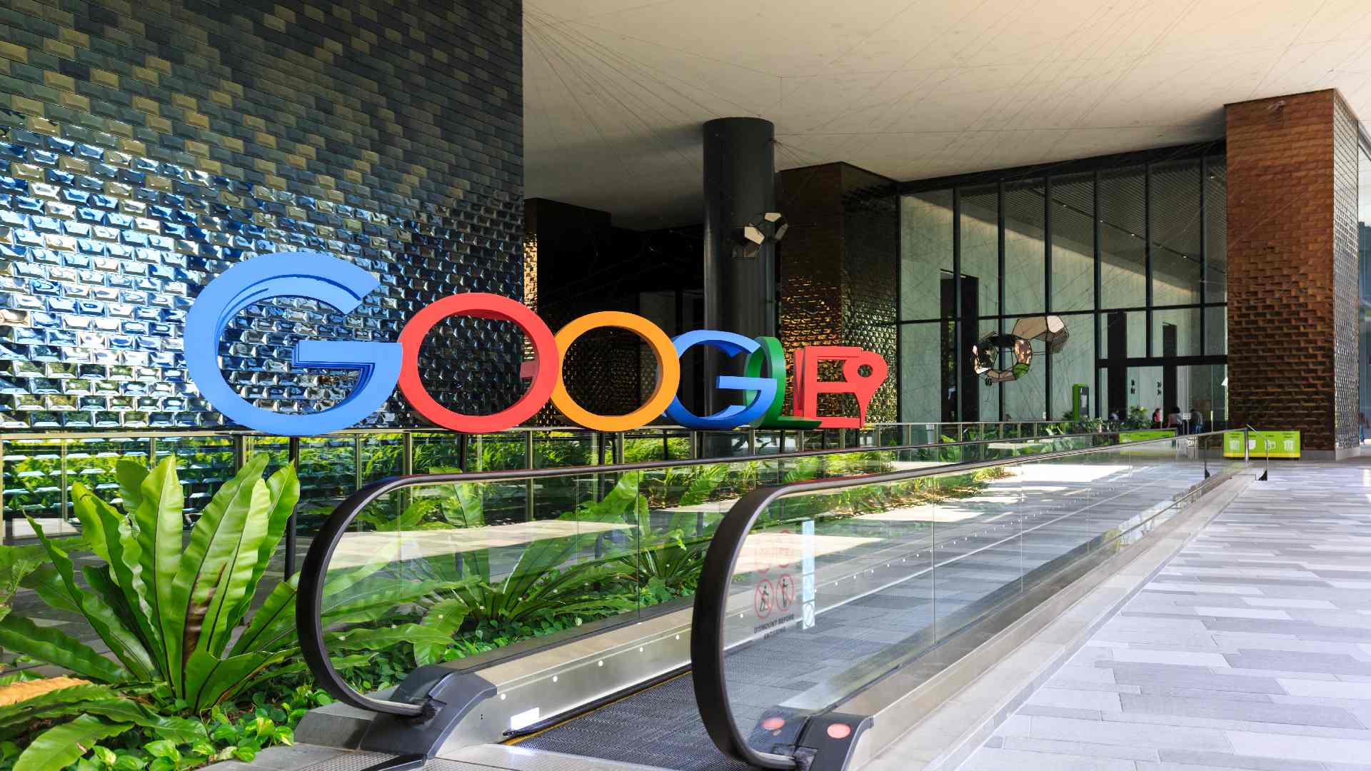 A photograph of the Google logo in the lobby of Google's new campus and office in Singapore